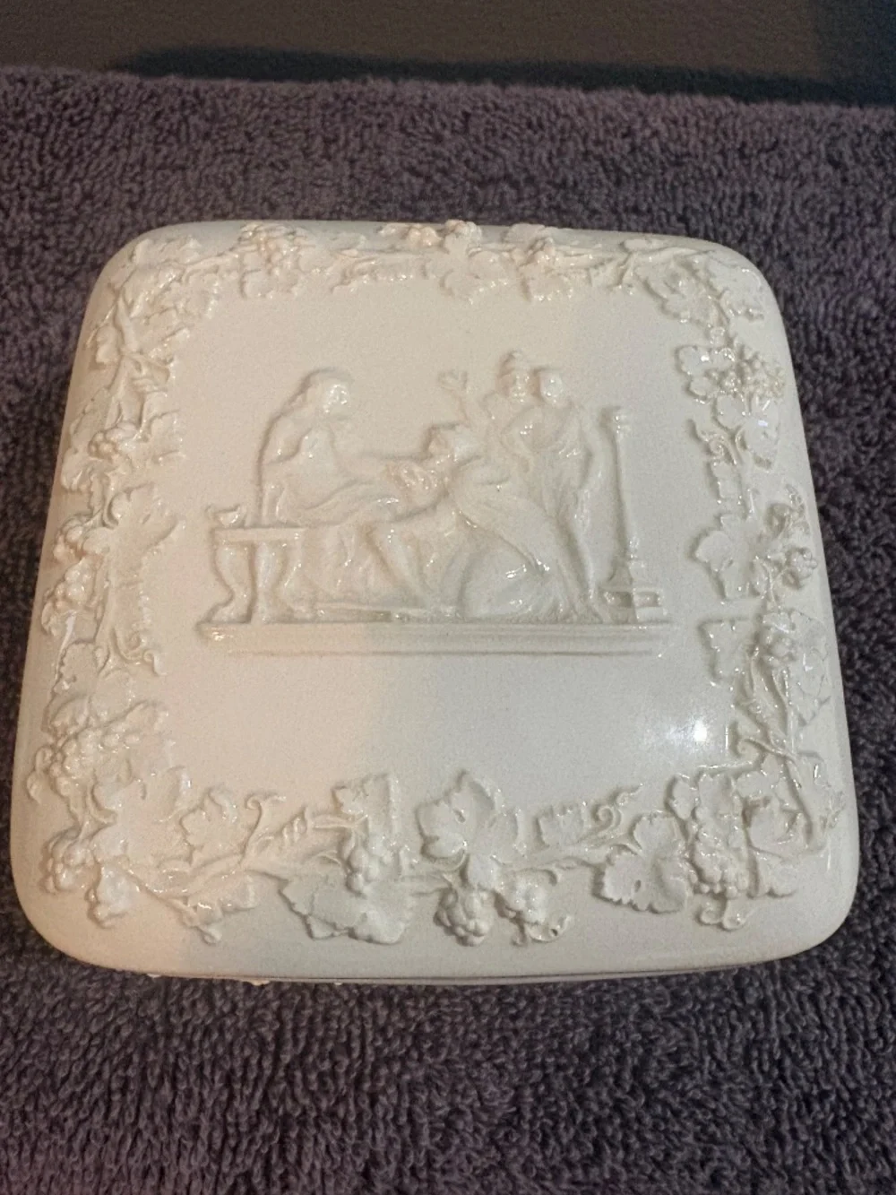 Wedgewood embossed Queensware trinket box, white creme on creme porcelain